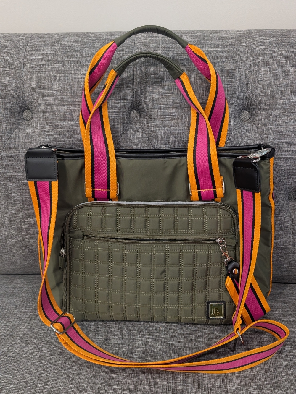 IHKWIP Quilted Olive Green Tote Bag Zip Closure Pockets Detachable Strap